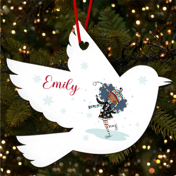 Dark Skin Girl Skating Robin Personalised Christmas Tree Ornament Decoration