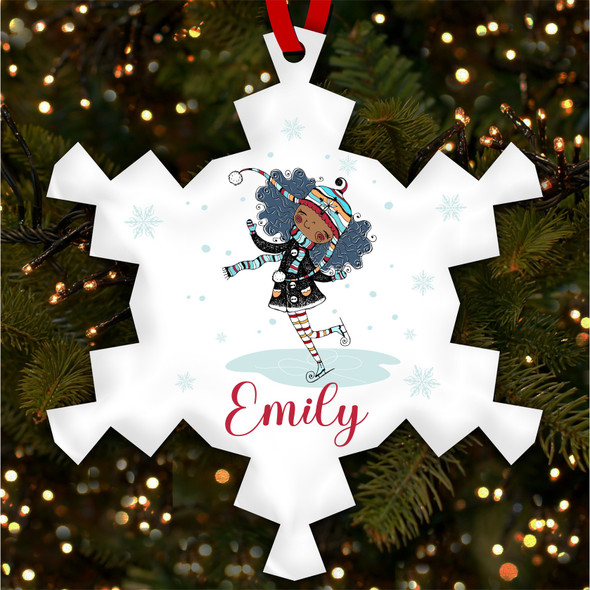 Dark Skin Girl Skating Snowflake Personalised Christmas Tree Ornament Decoration