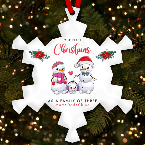 First As A Family Of 3 Snowman Personalised Christmas Tree Ornament Decoration