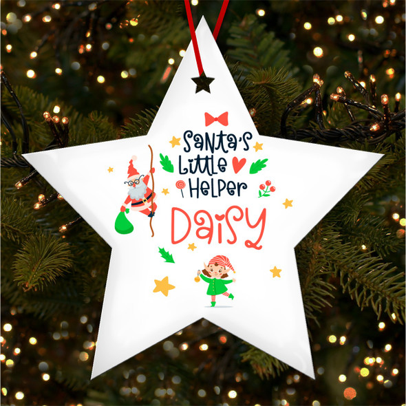 Girl Elf Santa Any Name Star Personalised Christmas Tree Ornament Decoration