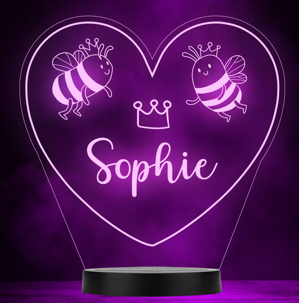 Bumble Bee Heart Queen Crown Personalised Gift Colour Change Lamp Night Light