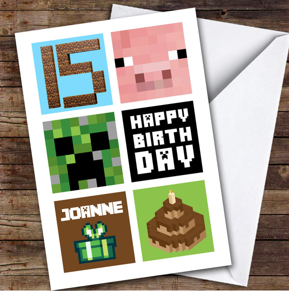 Minecraft 15th Birthday Age 15 Personalised Kids Children's Birthday Card