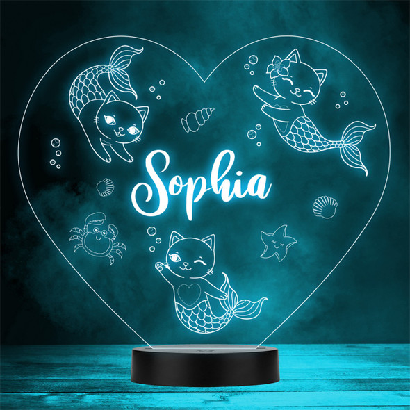 Girls Cure Mermaid Cats With Bubbles Heart Personalised Gift Colour Night Light
