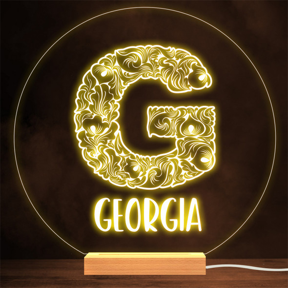 Floral Font letter Initial G Personalised Gift Lamp Night Light