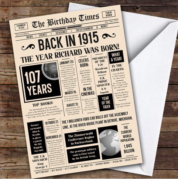 1915 Newspaper Any Age Any Year You Were Born Facts Personalised Birthday Card