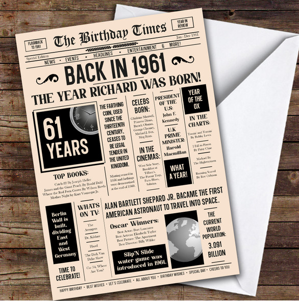 1961 Newspaper Any Age Any Year You Were Born Facts Personalised Birthday Card