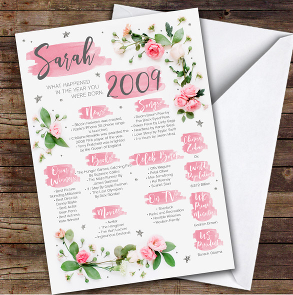 2009 Pink Flower Any Age Any Year You Were Born Facts Personalised Birthday Card