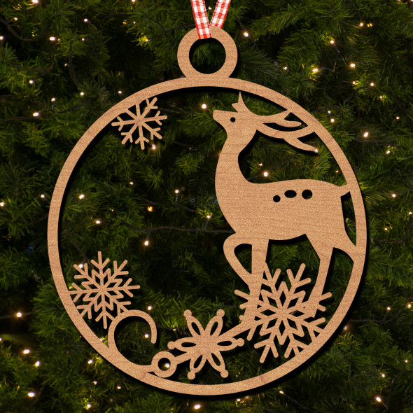Circle - Reindeer 4 snowflakes Hanging Ornament Christmas Tree Bauble Decoration