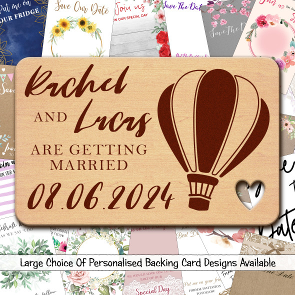 Hot Air Balloon Personalised Wood Wedding Save The Date Magnets & Backing Cards