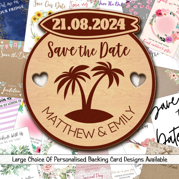 Surfboard Palm Tree Wooden Wedding Save The Date Magnets & Backing Cards