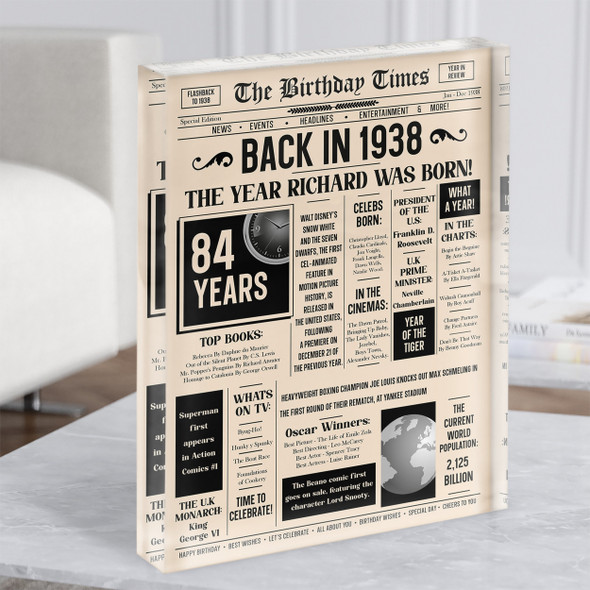 1938 Newspaper Any Age Any Year You Were Born Birthday Facts Gift Acrylic Block
