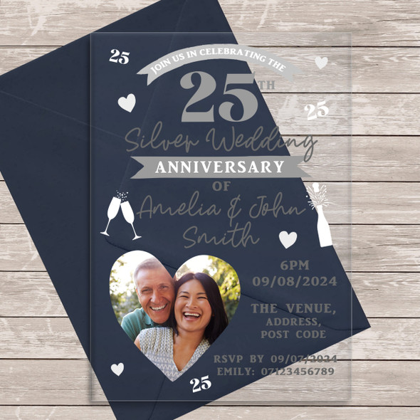 25th Photo Heart Silver Acrylic Clear Wedding Anniversary Party Invitations