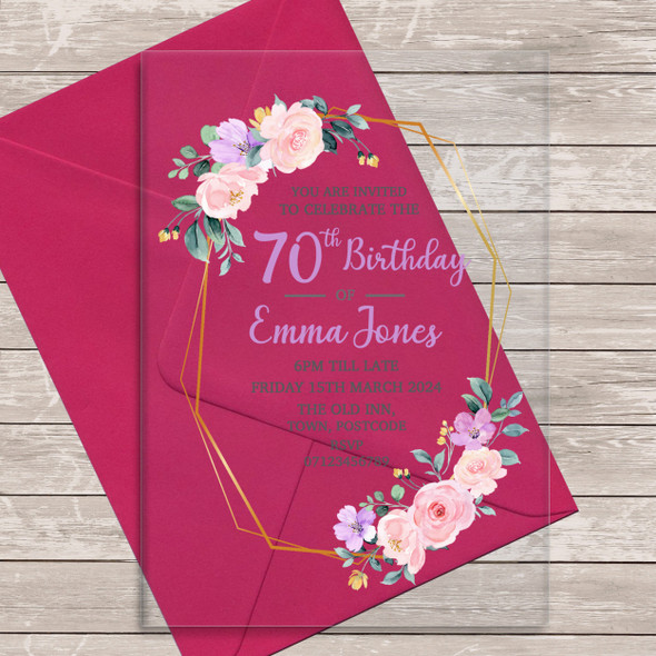 70th Or Any Age Party Gold Frame Flower Acrylic Clear Birthday Party Invitations