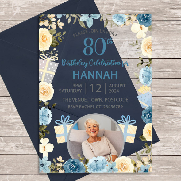 80th Or Any Age Photo Blue Floral Acrylic Clear Birthday Party Invitations