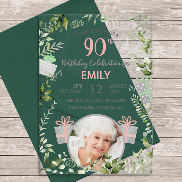 90th Or Any Age Photo Green Floral Acrylic Clear Birthday Party Invitations