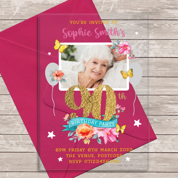 90th Or Any Age Photo Banner Acrylic Transparent Birthday Party Invitations