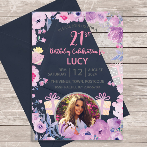 21st Or Any Age Photo Purple Floral Acrylic Clear Birthday Party Invitations