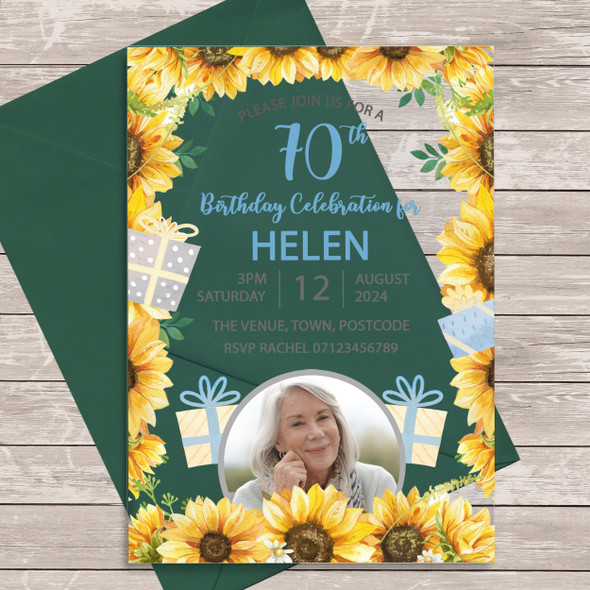 70th Or Any Age Photo Sunflower Floral Acrylic Clear Birthday Party Invitations