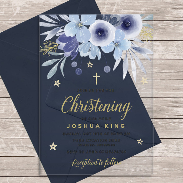Blue Flower Gold Acrylic Clear Transparent Luxury Christening Invitations