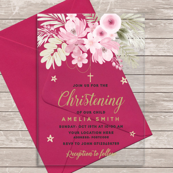 Pink Flower Gold Acrylic Clear Transparent Luxury Christening Invitations