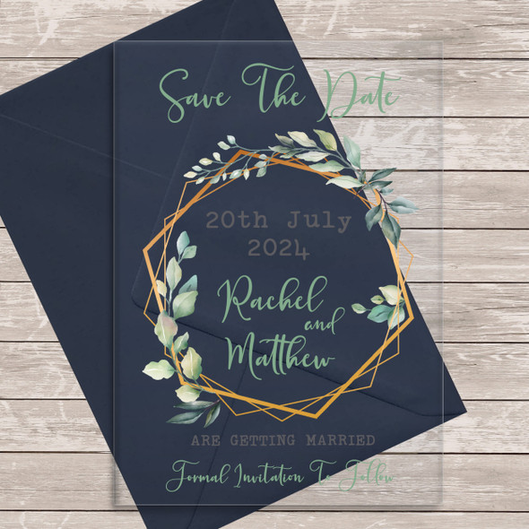 Leaf Green Nature Gold Geo Acrylic Clear Wedding Save The Date Invite Cards