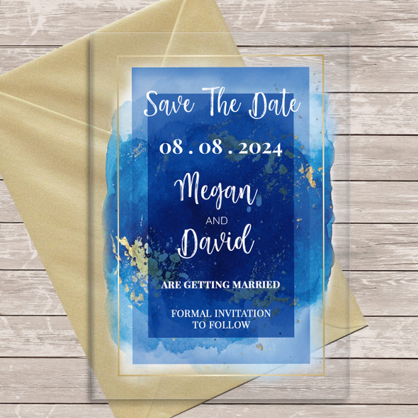 Blue Wash Gold Acrylic Clear Transparent Wedding Save The Date Invite Cards