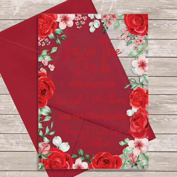 Red Roses Flower Acrylic Clear Transparent Wedding Save The Date Invite Cards