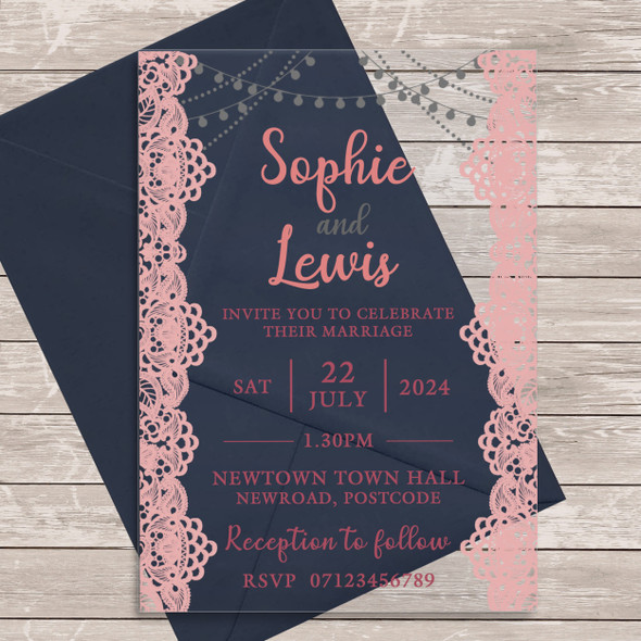 Lace Pink Acrylic Clear Transparent Luxury Wedding Invitations Invites