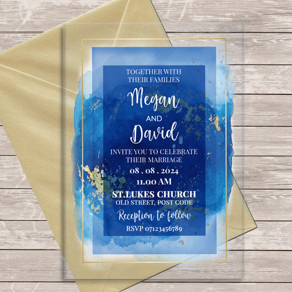 Blue Wash Gold Acrylic Clear Transparent Luxury Wedding Invitations Invites