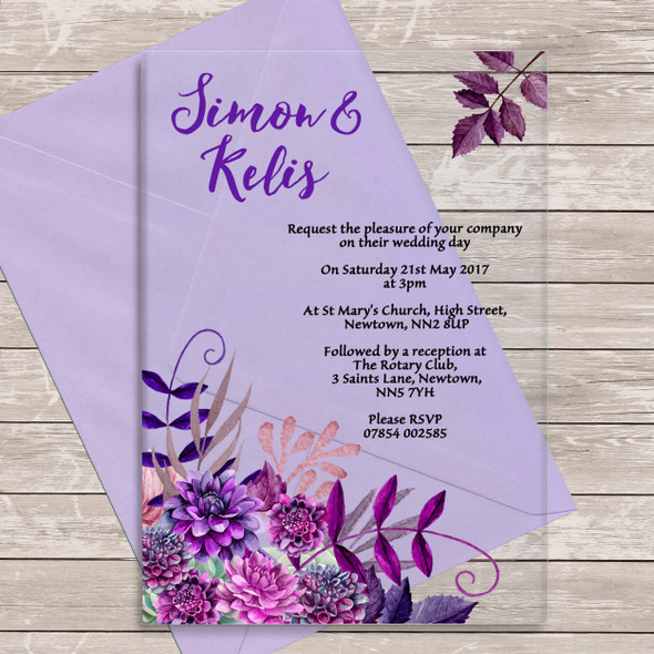 Cadbury Purple Florals Acrylic Clear Transparent Wedding Invitations Invites