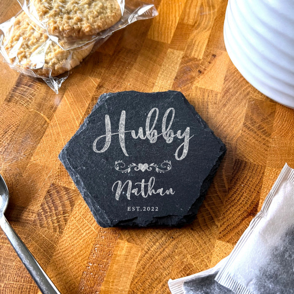 Hexagon Slate Hubby Husband Newlyweds Wedding Day Gift Personalised Coaster