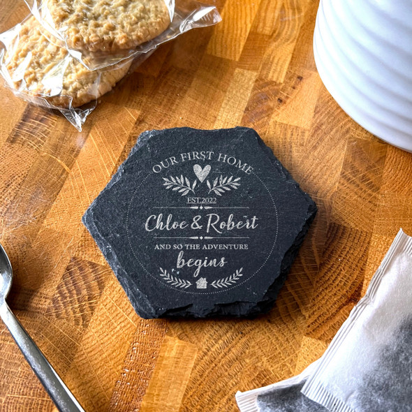 Hexagon Slate Our First New Home Adventure Leaves Gift Personalised Coaster