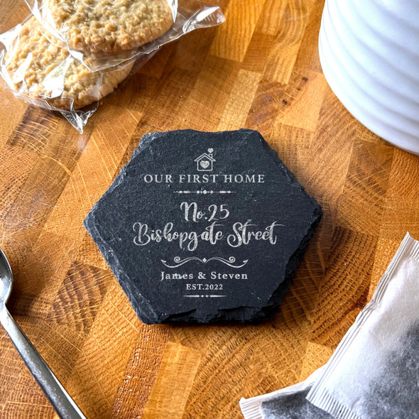 Hexagon Slate Our First New Home House Heart Address Gift Personalised Coaster