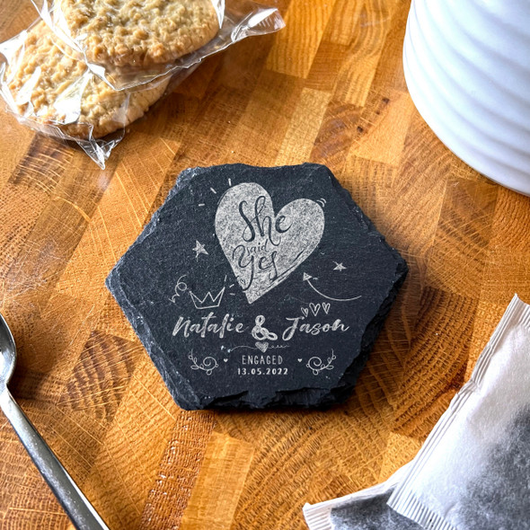 Hexagon Slate She Said Yes Engagement Date Doodles Gift Personalised Coaster