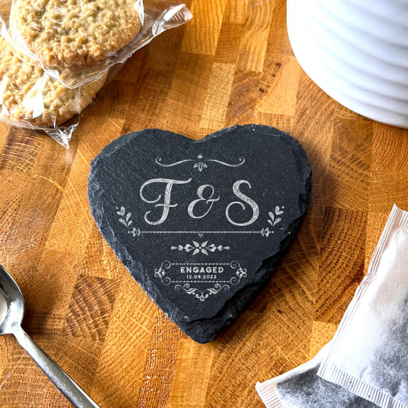 Heart Slate Initial Name Engagement Date Swirls Gift Personalised Coaster