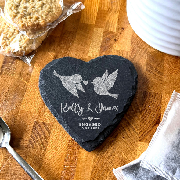 Heart Slate Love Birds Romantic Engagement Date Gift Personalised Coaster