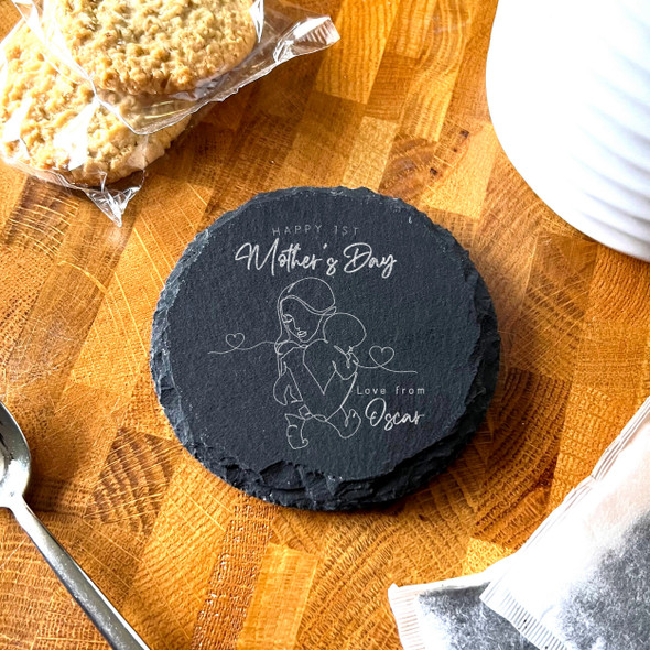 Round Slate Woman Baby Line Art Happy 1st Mother's Day Gift Personalised Coaster