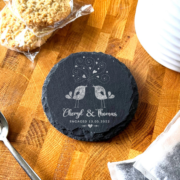 Round Slate Love Birds Hearts Swirls Engagement Date Gift Personalised Coaster