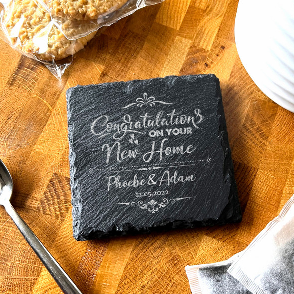 Square Slate Congratulations On Your New Home Hearts Gift Personalised Coaster