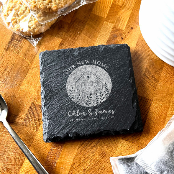 Square Slate Our New Home Floral Couple Names Address Gift Personalised Coaster