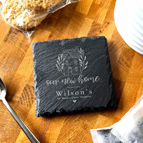 Square Slate Our New Home House With Leaves Gift Personalised Coaster