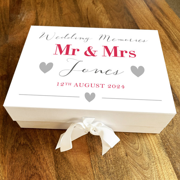 Mr & Mrs Red Pink Personalised Wedding Day Keepsake Hamper Gift Memory Box