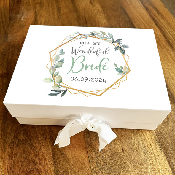 Bride Green Leaves Foliage Gold Frame Personalised Wedding Day Keepsake Gift Box