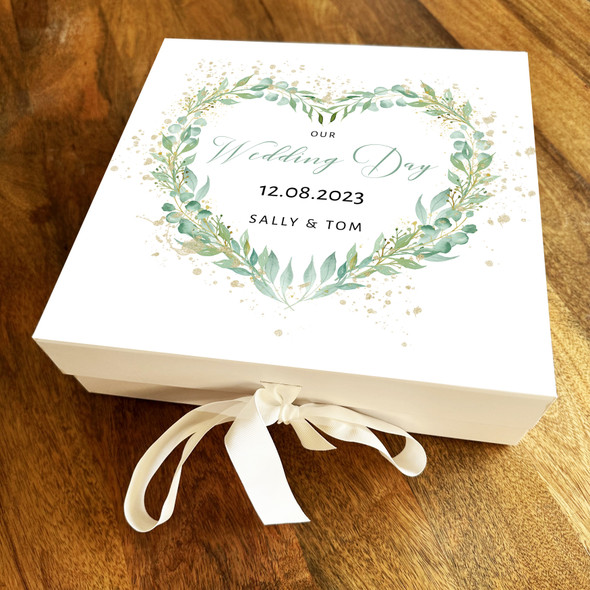 Heart Leaf Wreath Personalised Square Wedding Day Keepsake Gift Memory Box
