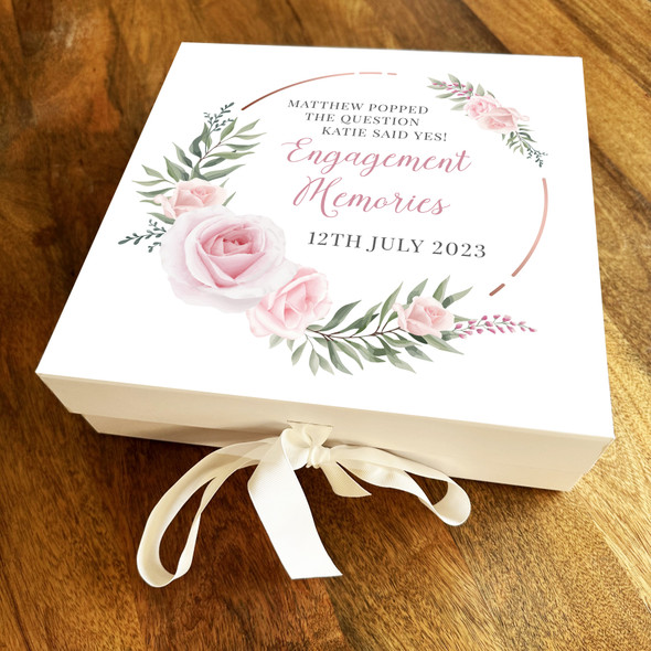 Pink White Flowers Personalised Square Engagement Keepsake Gift Memory Box