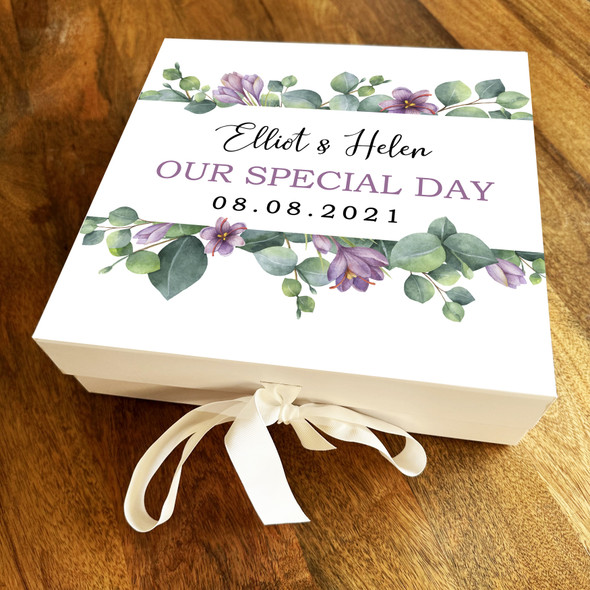 Lilac Floral Watercolour Personalised Square Wedding Day Gift Memory Box