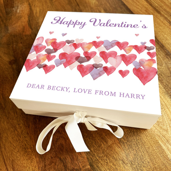 Watercolour Heart Array Personalised Square Valentine's Day Keepsake Gift Box