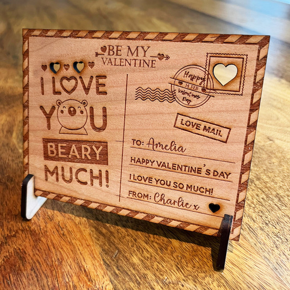 I Love You Beary Much Valentine's Day Personalised Card Wooden Postcard