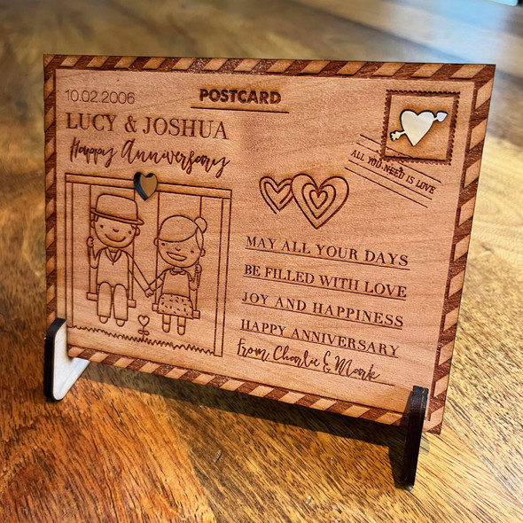 Happy Anniversary Wedding Couple Personalised Card Engraved Wooden Postcard Gift