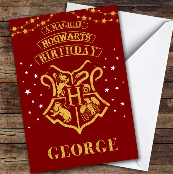 Magical Hogwarts Harry Potter Red Gold Kids Personalised Children's Birthday Card